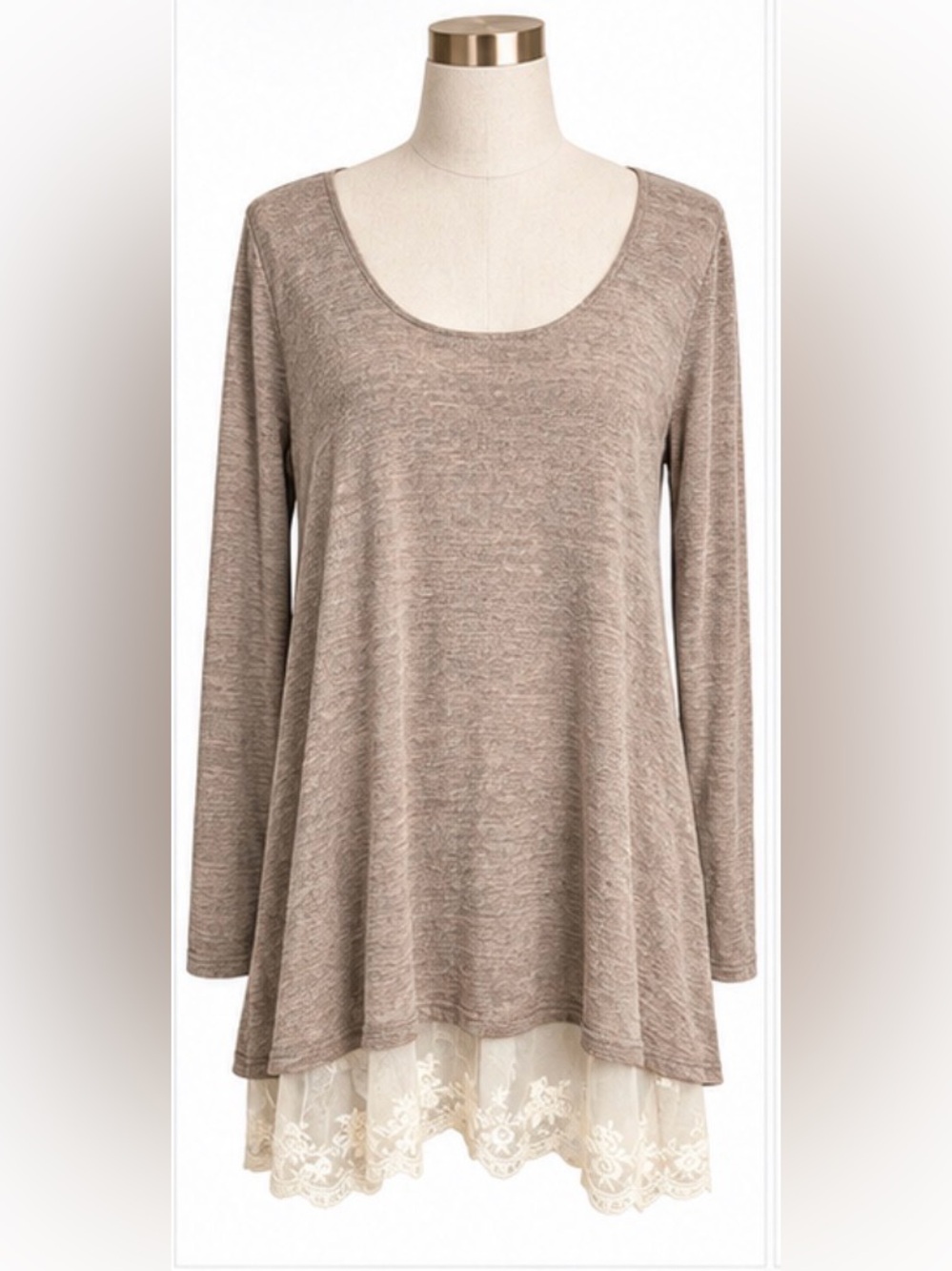 Umgee Taupe Lace Hem Tunic Top Medium Long Sleeve Boho Lagenlook